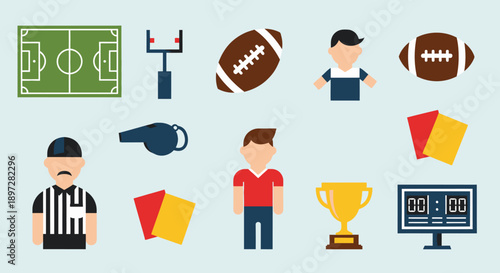 Comprehensive collection of flat design American football and soccer sports icons with players, field, referee, and equipment, in bright studio.