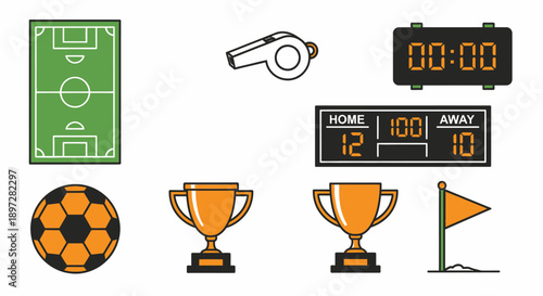 Collection of flat design soccer and sports icons including field, ball, whistle, timer, scoreboard, trophies, and flag, in bright studio.