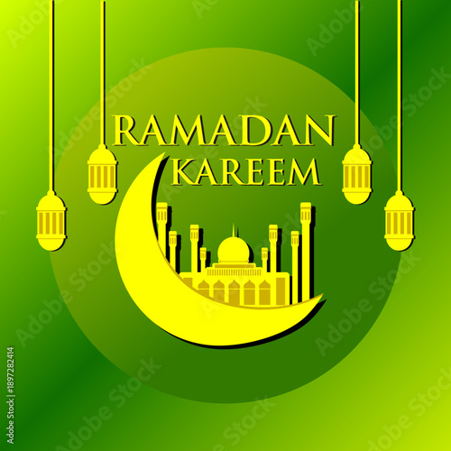 A vibrant green and yellow illustration featuring a crescent moon, a mosque silhouette, and hanging lanterns, with 