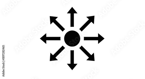 Central Point with Arrows Pointing Outwards in All Directions Symbolizing Dispersion and Expansion on an Isolated White Background