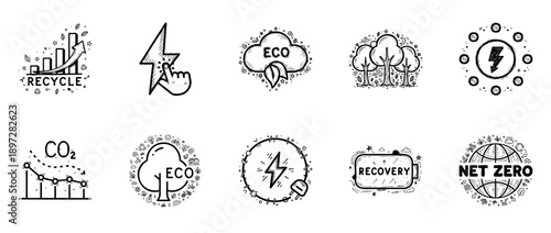 Eco-friendly icons: recycle, sustainability, co2 reduction, renewable energy, net zero