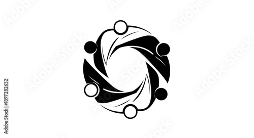 Dynamic black and white icon of diverse people forming a circle, representing unity and collaboration on an isolated white background.