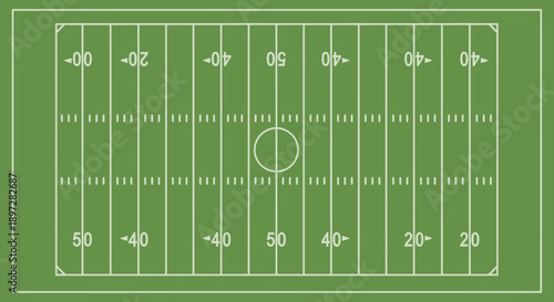 Top View American Football Field Illustration with Yard Lines and End Zones, Green Turf Stadium Layout