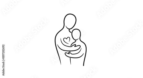 Loving Parent Embracing Child Line Art Illustration, Forming Heart Shape, Isolated White Background