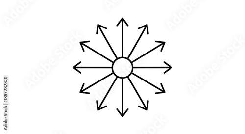 Simple Radial Arrows Expanding from Center Outline Icon on Isolated White Background