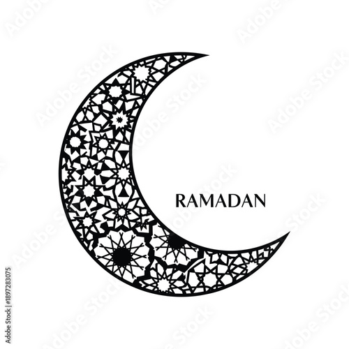 Intricate black crescent moon with beautiful geometric Islamic patterns, symbolizing the spiritual essence of the holy month of Ramadan celebration