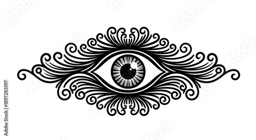Highly Detailed Ornate Eye with Elaborate Swirling and Floral Patterns, Embodying Spiritual Vision and Esoteric Knowledge on an Isolated White Background.