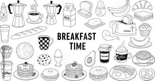 Detailed Breakfast Doodle Featuring Coffee, Pastries, Fruits, Toast, Eggs, Mugs, Moka Pots, Whipped Cream, Jam, and Morning Meal Icons