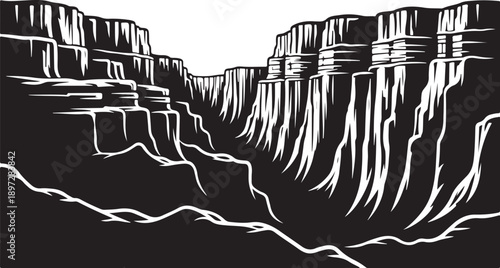 Dramatic Black and White Cliffside Landscape Illustration Artwork