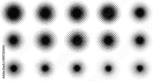 Halftone circle gradient set, round dot pattern collection, radial points design elements, pop art background icons, cad drawing flat vector illustration