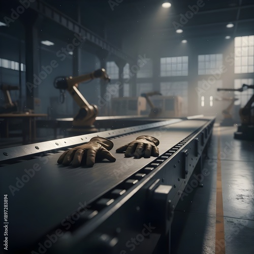Empty Gloves on Conveyor Belt
Description: Work gloves moving alone on a factory conveyor belt