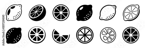 Lemon citrus fruit icons with various stylized illustrations, sliced circles, lemon halves, and whole lemons in black and white, minimalistic line art for icons or design elements