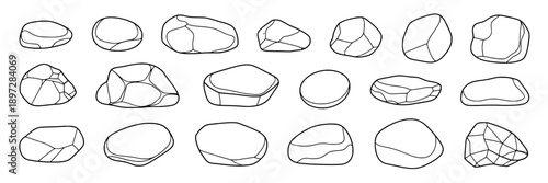 Pebbles collection with smooth rounded shapes and varied sizes, hand-drawn black line sketch emphasizing natural stone textures, irregular forms, and organic lines for environmental or artistic use