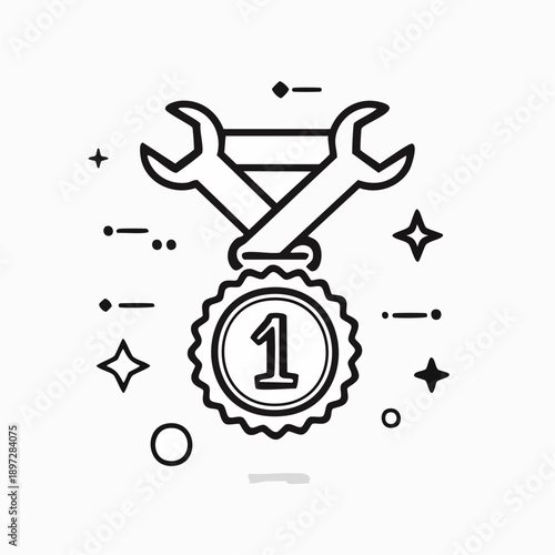 工具とNo.1バッジの技術力トップを表すラインベクターアイコン