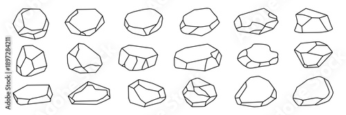 Rocks collection with varied geometric shapes and line art style, illustrating different natural stone forms for architectural, geological, or artistic use.
