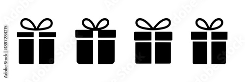 Gifts gift box icon with ribbon bow and simple flat design, black silhouette, minimal style for celebration, greetings, and party planning, vector graphic suitable for digital and print use.