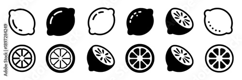 Lemon icons with sliced and whole variations, simple black and white vector style for icons, digital design, minimalistic look, clean outline, modern flat graphics for labels or interfaces