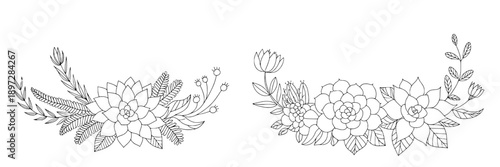 Flowers floral border with intricate line art, delicate detailed leaves and blossoms, elegant decorative design for invitations, greeting cards, or vintage-style prints