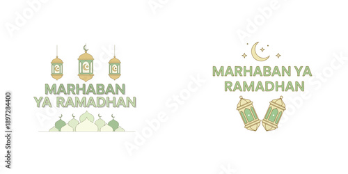 Vector greeting "Marhaban Ya Ramadhan". Ramadhan theme. Vector, minimalist, illustration, icon set.