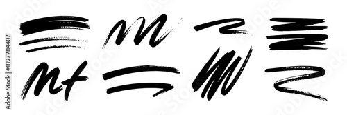 Brush strokes collection with dynamic black lines and textured appearance showcasing various stroke styles for artistic design, calligraphy, digital art, and expressive graphic projects