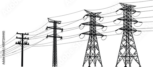 High voltage electric transmission tower silhouettes, utility power line grid, industrial energy distribution network, steel lattice pylons on white background.