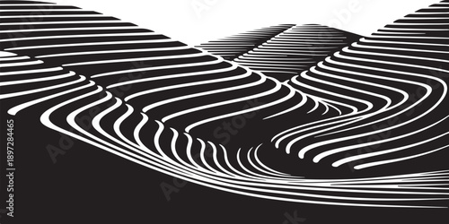 Monochromatic abstract design with wavy lines and black background