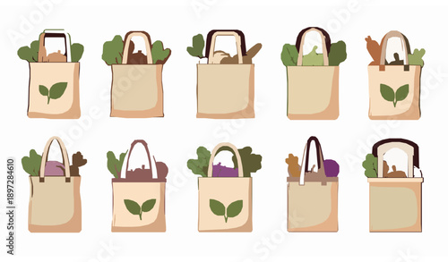 Eco friendly reusable shopping bags flat cartoon vector illustration set with vegetables and recycling icons