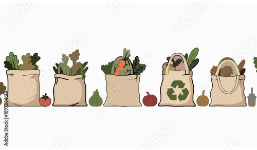 Cute reusable eco bags vector illustration with vegetables leaves and recycling symbols for green lifestyle themes