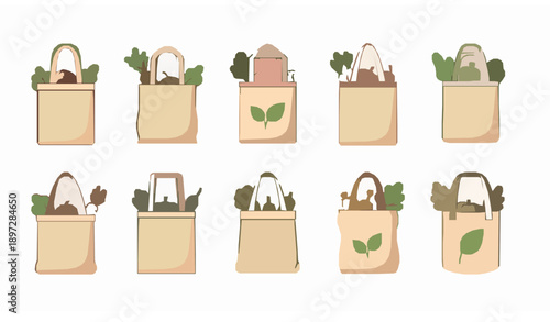 Reusable eco bags vector set with vegetables leaves and recycling symbols for sustainable lifestyle design