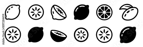 Lemon slice and whole lemon icons set with sliced and whole fruit illustrations, monochrome style, minimalistic, line art, digital graphic resources, suitable for packaging, menus, or health apps