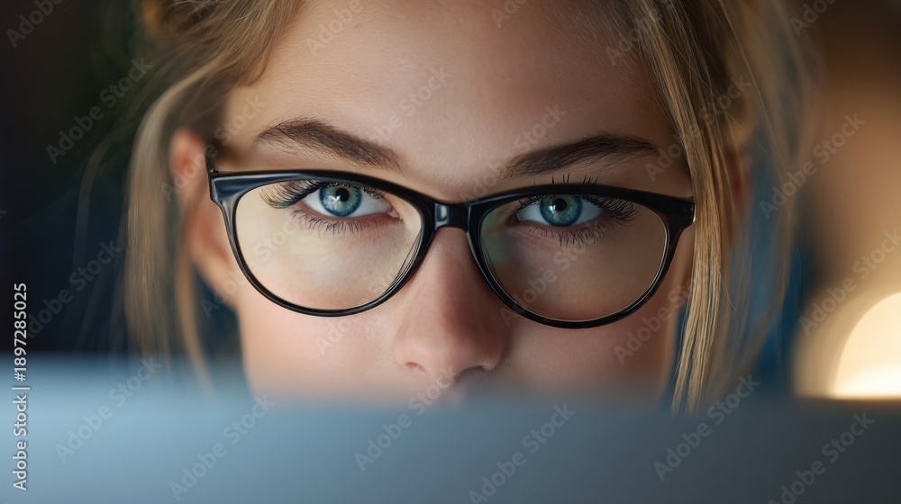 Fototapeta premium Young caucasian female with glasses focused on screen.
