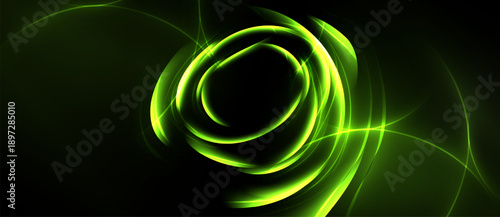 Abstract green swirls, luminous lines create dynamic circular pattern. Dark background emphasizes bright energy flow.