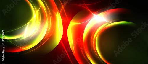 Abstract vibrant energy flows. Bright curves intersect, creating dynamic light effects. Dark background emphasizes glowing shapes.