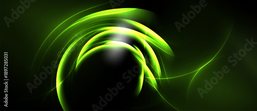 Abstract green swirls, luminous curves, dark background. Dynamic energy radiates from central bright point. Modern design element.