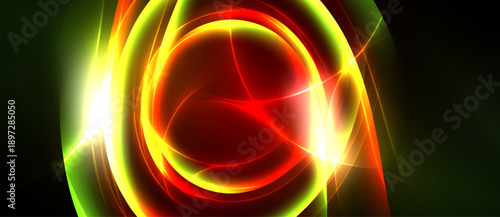 Abstract vibrant energy flows. Red, green, yellow hues blend, creating dynamic circular patterns. Light radiates, forming intense visual impact.
