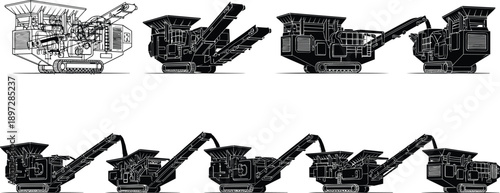 Industrial mobile crusher and screener machinery set, black silhouettes of heavy construction equipment for mining, quarrying, and mineral processing works.