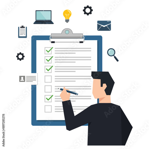 Business Task Management Checklist And Productivity Illustration With Clipboard
