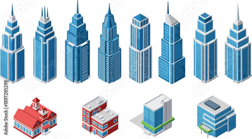 Isometric Building Vector Set Featuring Modern Skyscrapers Blue Office Towers and Urban Architecture Houses in Flat CAD Drawing Illustration Style Elements.