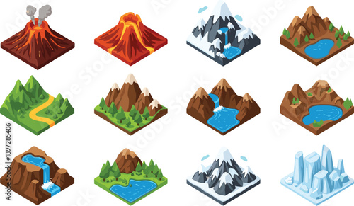 Isometric nature landscape set featuring volcanoes snowy mountains waterfalls lakes and forest terrain in colorful 3D gaming vector illustration collection