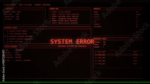 Red digital screen with a prominent system error message, symbolizing technology malfunction, data corruption, or a severe system breakdown. Abstract interface depicts digital failure
