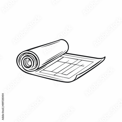 巻物図面の設計書と施工計画ラインベクターアイコン