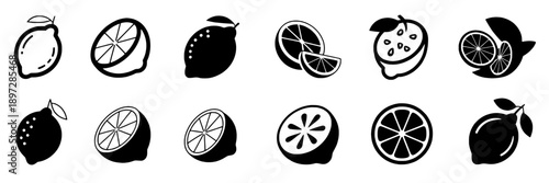 Lemons and lemon slices icon set with black and white outline style for fresh fruit, citrus, health, cooking, food, juice, and organic product design and digital artwork