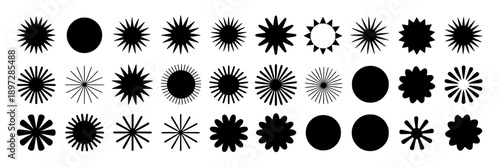 Stars burst symbols with varied spiky designs in black, circular and radiant forms, vector graphics showing explosion motifs, stylized for iconography or decorative decoration