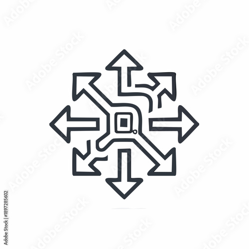 放射状に分岐するマルチ方向矢印のベクターアイコン