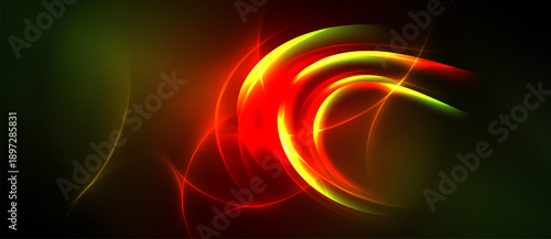 Abstract design features vibrant curves, glowing lines. Red, yellow, green hues dominate dark background. Dynamic energy radiates from central form.