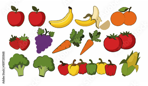 Cute cartoon fruits and vegetables vector set with colorful healthy food clipart on white background