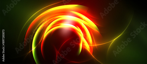 Abstract vibrant energy flows. Red, orange, yellow hues dominate dark background. Swirling lines create dynamic visual impact.