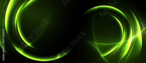 Abstract green swirls, luminous curves, dark background. Modern design, energy, dynamic composition. Bright lines create visual impact.