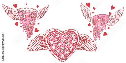 Minimalist illustration of juicy heart shaped pizza with mushrooms and flying pizza slices with Cupid wings. Fun Valentines Day design element for food themed romantic graphics.