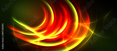 Abstract vibrant swirls, flowing lines. Red, yellow, green hues dominate dark background. Dynamic energy radiates from center.